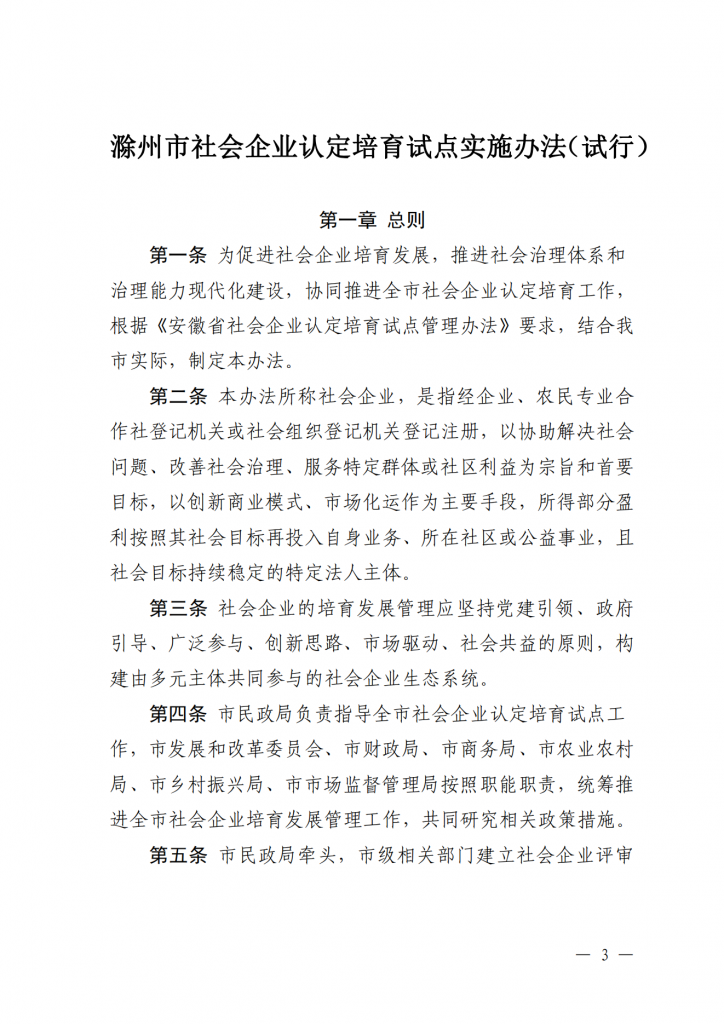 滁州市社会企业认定培育试点实施办法（试行）
